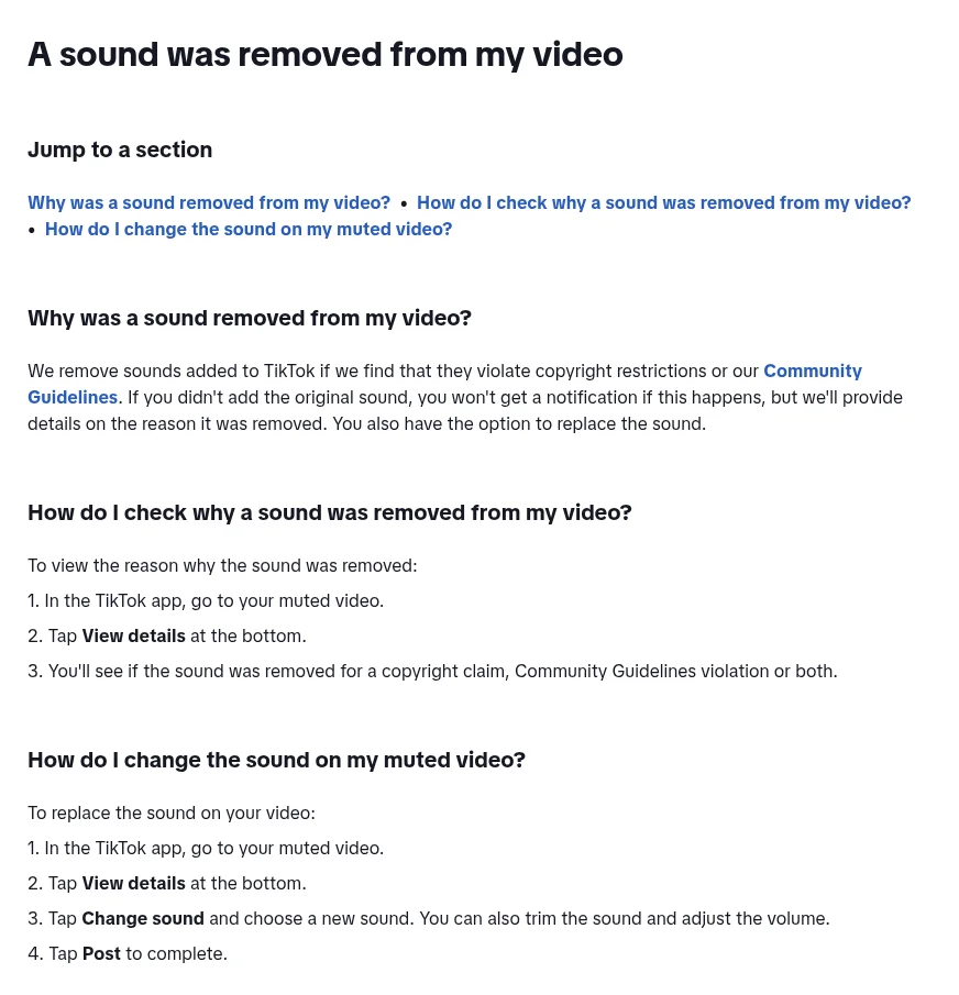 TikTok's own help page "A sound was removed from my video", with the View details and Change sound steps. Screenshot: TikTok Help Center, 27 Oct 2026