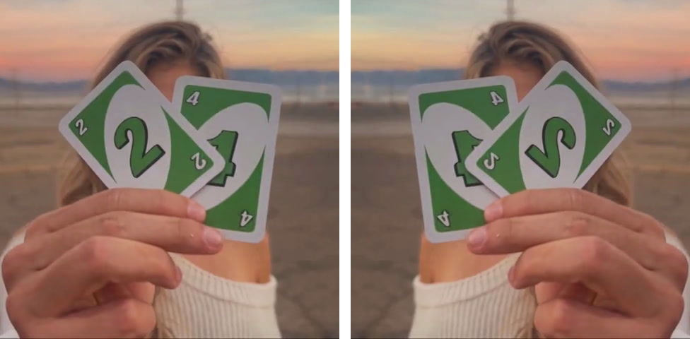 Unforgettable car trend cards reading 24 in a frame from Seadanse's sample, next to the same frame flipped left to right, where the 4 comes first and both digits face backwards