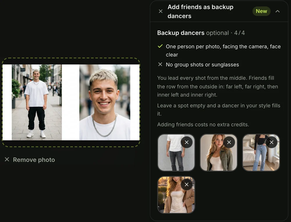 The Uptown Funk AI page on a phone: a photo in the Lead (middle) box and four backup dancer photos added