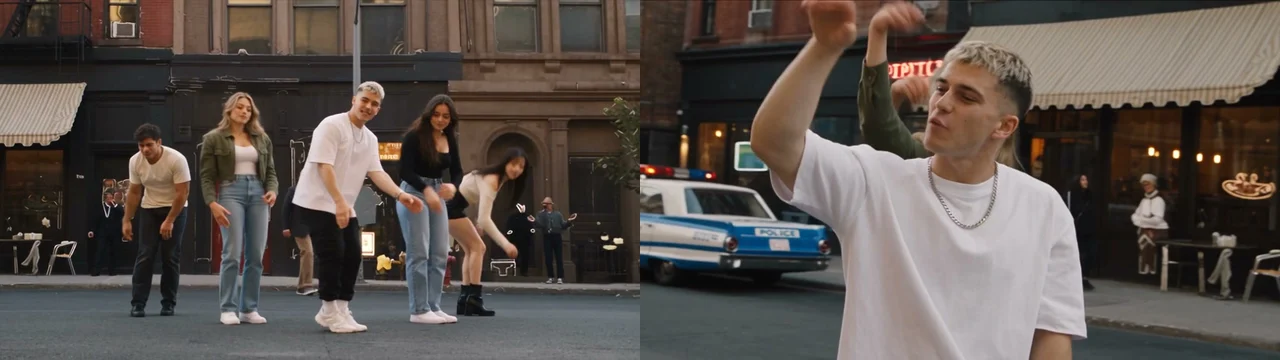 Two frames from an Uptown Funk AI cover video: the row with arms up, and the lead's solo shot