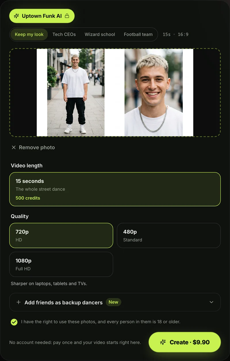 The Uptown Funk AI generator with a lead photo added, the consent box ticked and 720p picked, ready to Create