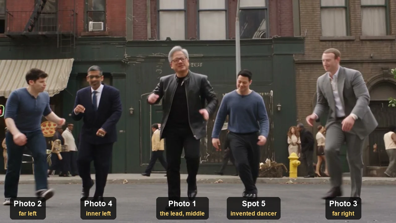 Photo order and the Uptown Funk AI frame it becomes: photo 2 far left, photo 4 inner left, photo 1 the lead in the middle, an invented dancer in spot 5 because no fifth photo was added, and photo 3 far right
