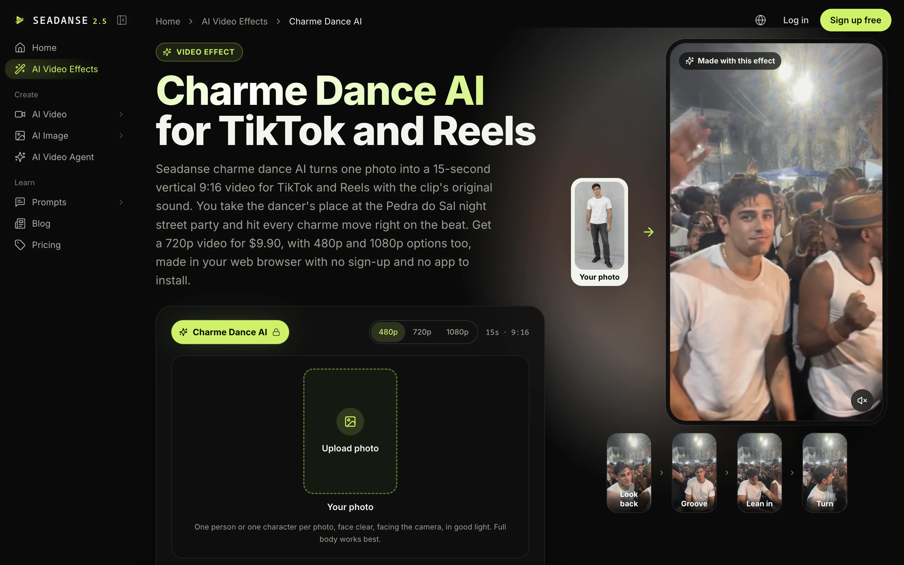 The Charme Dance AI page on seadanse.com: the title Charme Dance AI for TikTok and Reels, the photo upload box with 480p, 720p and 1080p, the sample video and its four moments, Look back, Groove, Lean in and Turn