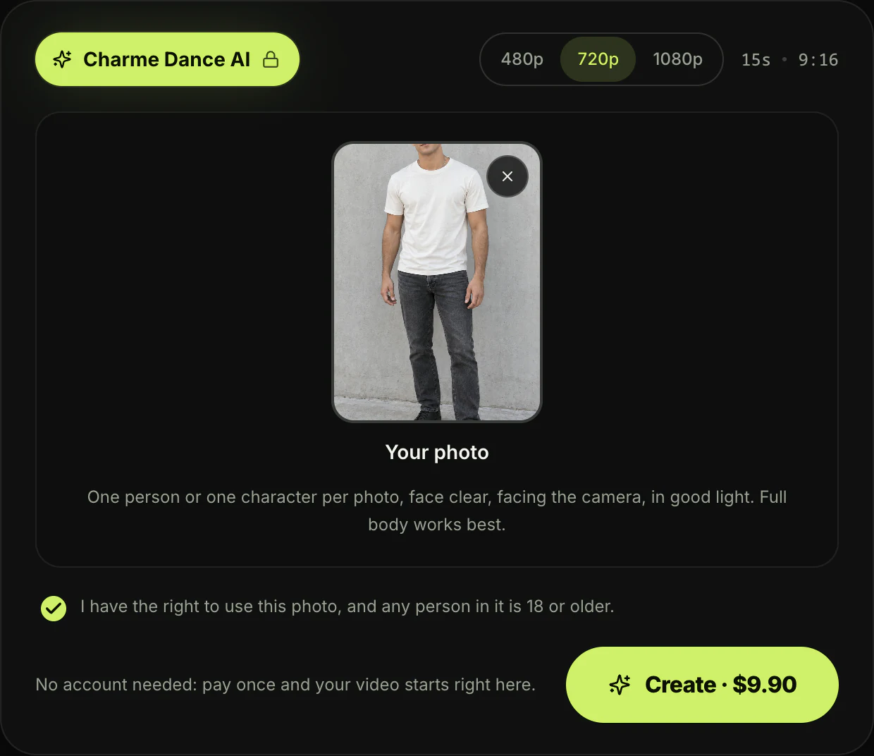 The Charme Dance AI generator on seadanse.com with a full-body photo in the Your photo slot, the consent box ticked, 720p selected next to 15s · 9:16, and the Create · $9.90 button