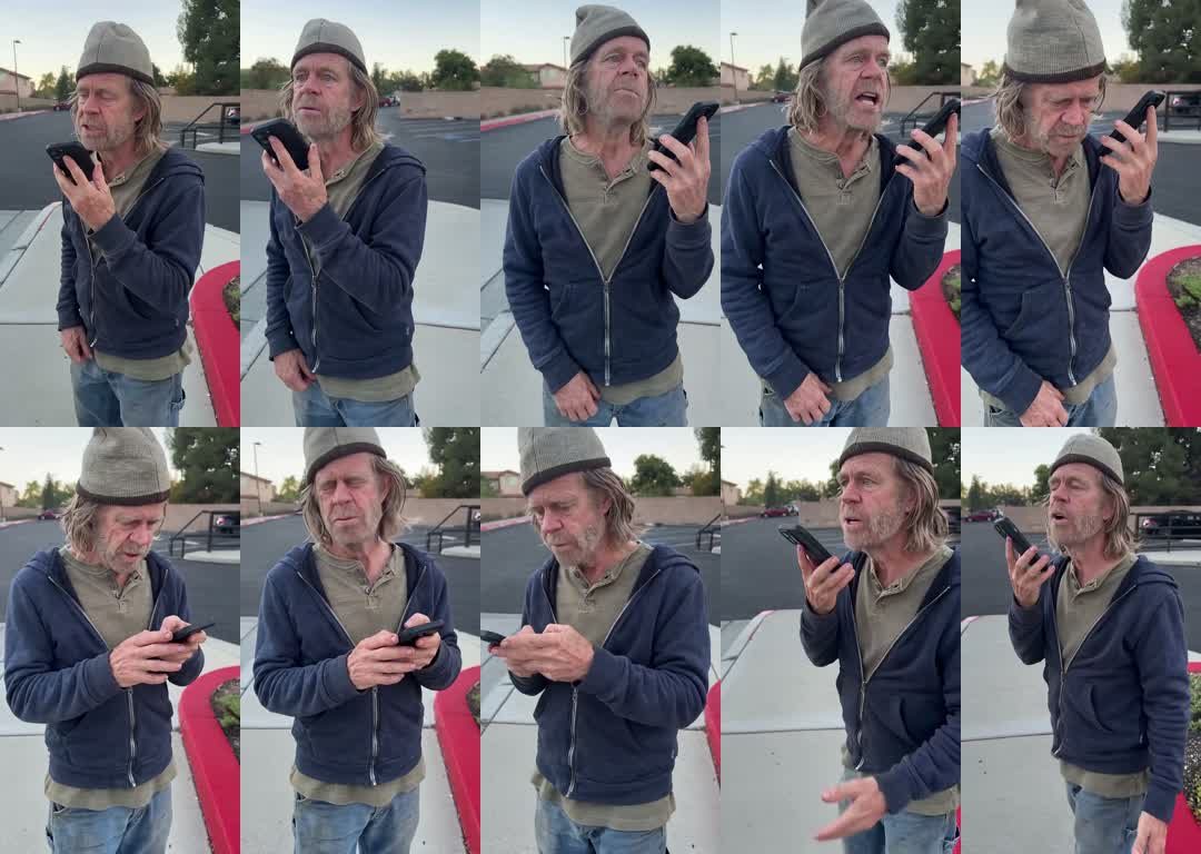 Ten frames from the Frank Gallagher ChatGPT millionaire meme on TikTok: phone to the mouth, down to the screen, then up again in a parking lot with red curbs