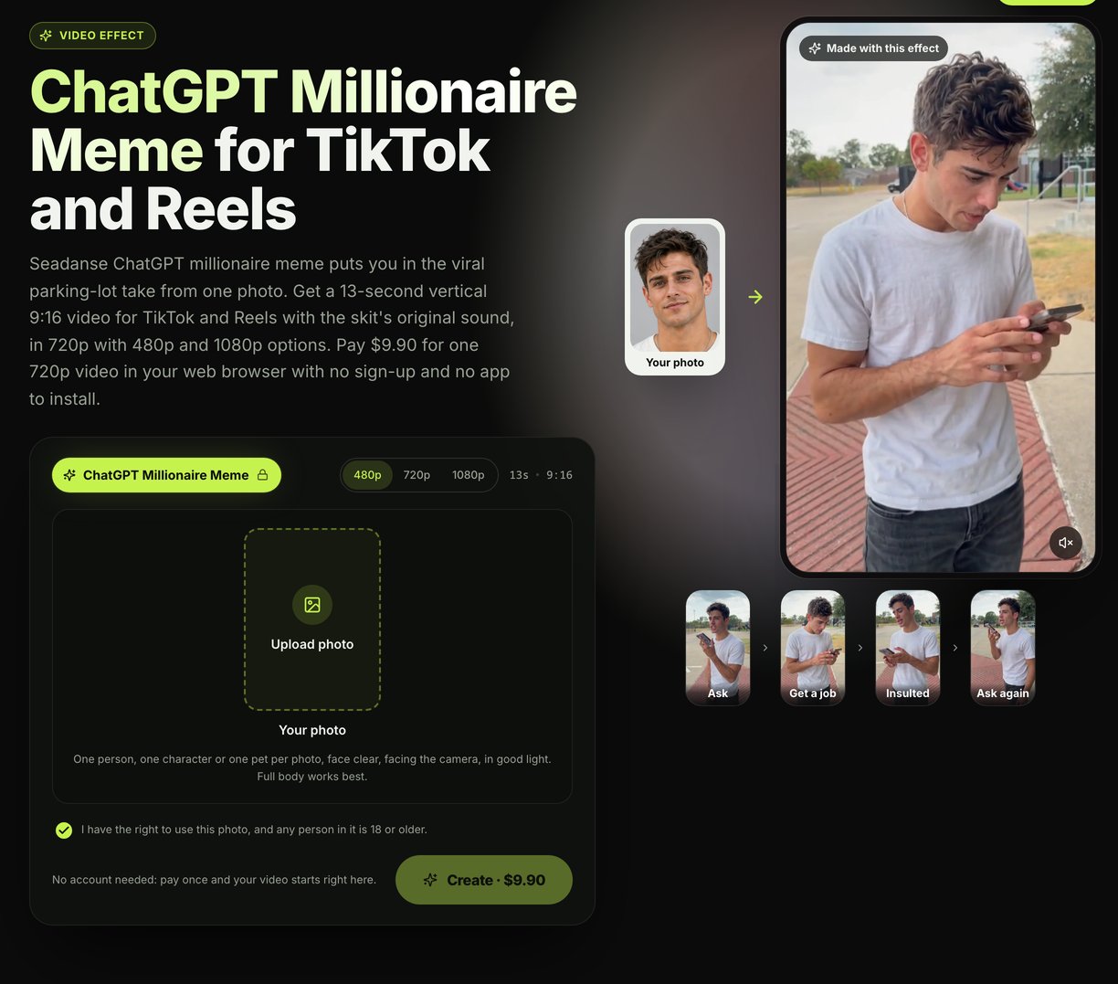 The ChatGPT millionaire meme page on Seadanse: one photo slot, 480p, 720p and 1080p, 13s and 9:16, and the Create button at $9.90