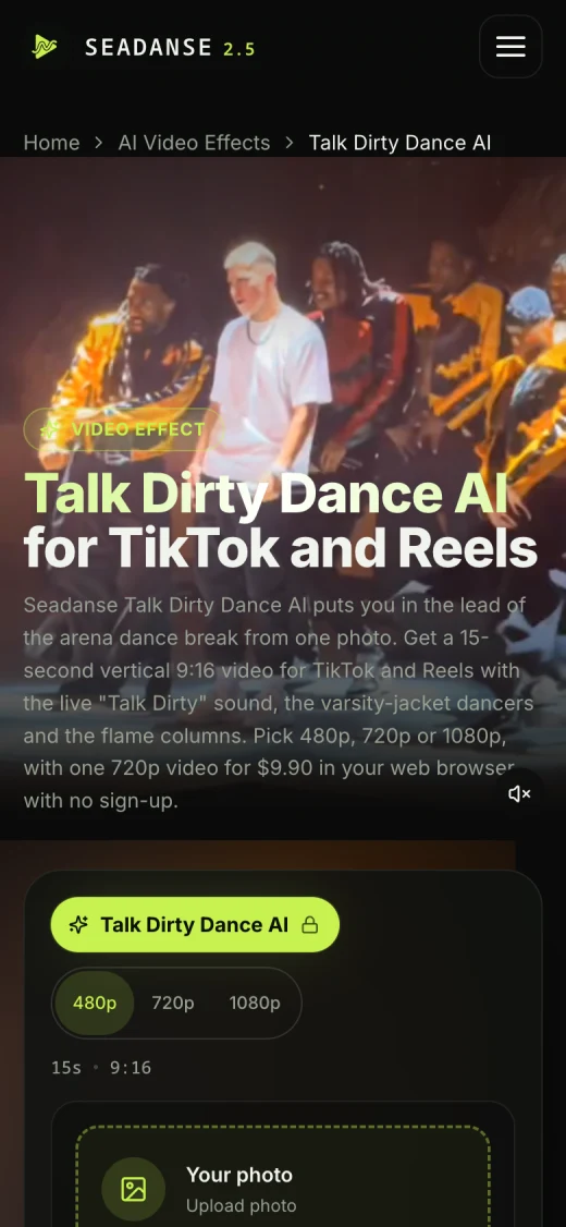 The Seadanse Talk Dirty Dance AI page on a phone: the title over the playing sample video, then the 480p, 720p and 1080p switch, 15s · 9:16 and the photo box