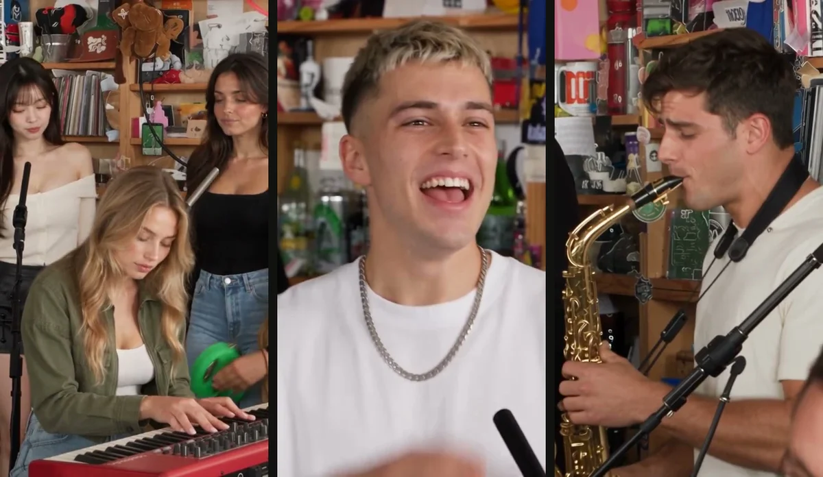 Three moments from a Tiny Desk AI video: the band at the red keyboard, the laughing close-up and the sax solo