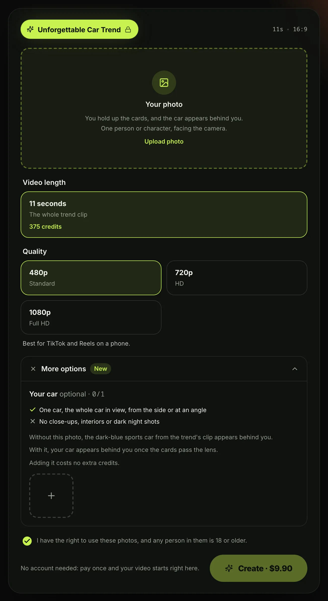 The Unforgettable car trend generator on Seadanse, signed out: a Your photo spot, 11 seconds, 480p, 720p or 1080p, More options open with an optional Your car spot, a consent box and a Create · $9.90 button