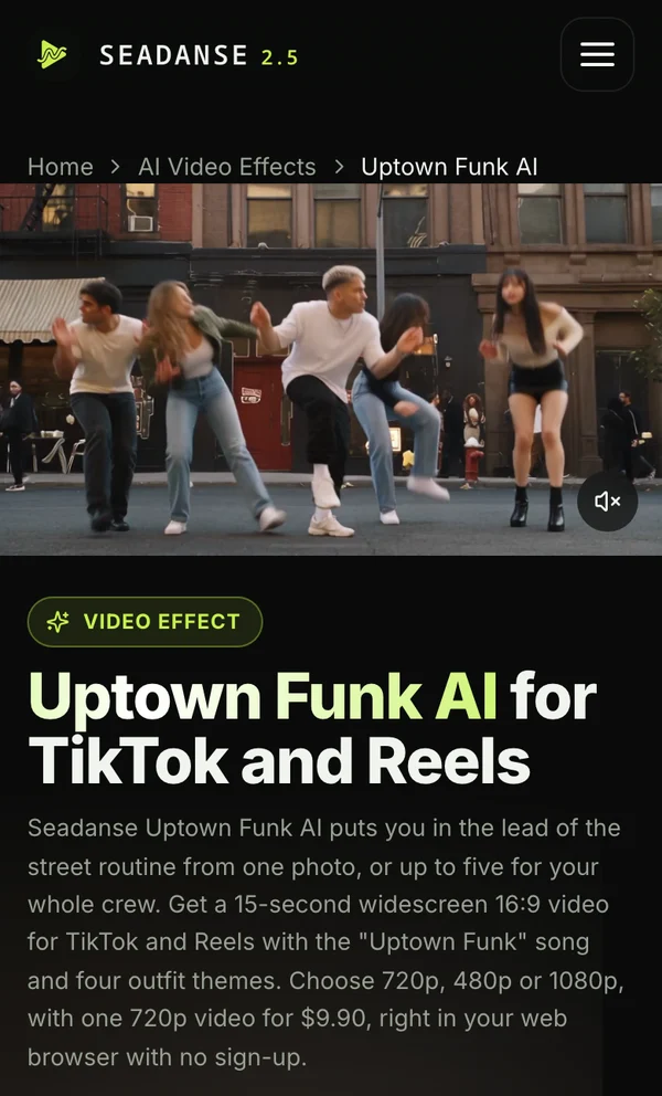 The first screen of Seadanse's Uptown Funk AI page on a phone: the sample video, the title and the line on one photo, 15 seconds, 16:9 and $9.90 with no sign-up