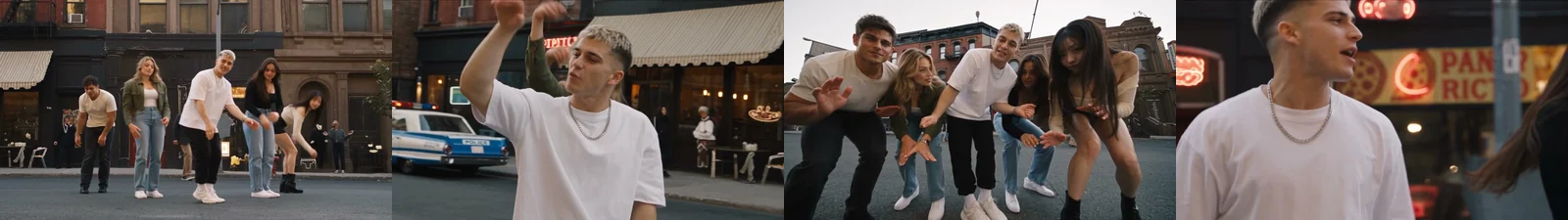 A frame strip from an Uptown Funk AI video: the row with arms up, the lead's solo shot, the low-angle crouch and the lead's close-up