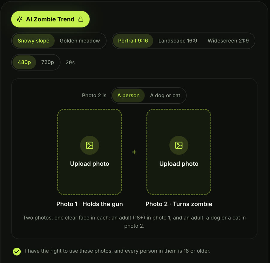 The AI Zombie Trend effect on Seadanse: a snowy slope or golden meadow memory, 9:16, 16:9 or 21:9, 480p or 720p at 20 seconds, and two photo boxes, photo 1 holds the gun and photo 2 turns zombie