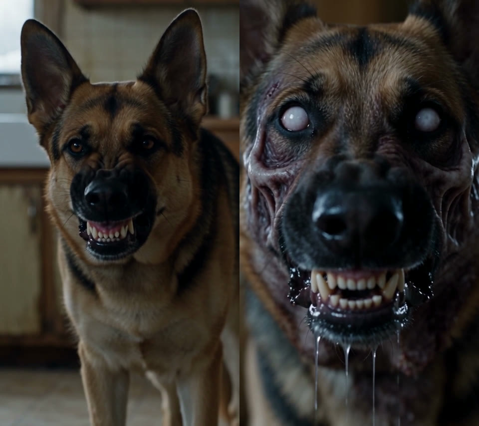 Zombie dog prompt test, same two photos: on the left the dog only snarls and looks like a normal angry dog; on the right it has milky white eyes, grey patches where fur is missing and drool