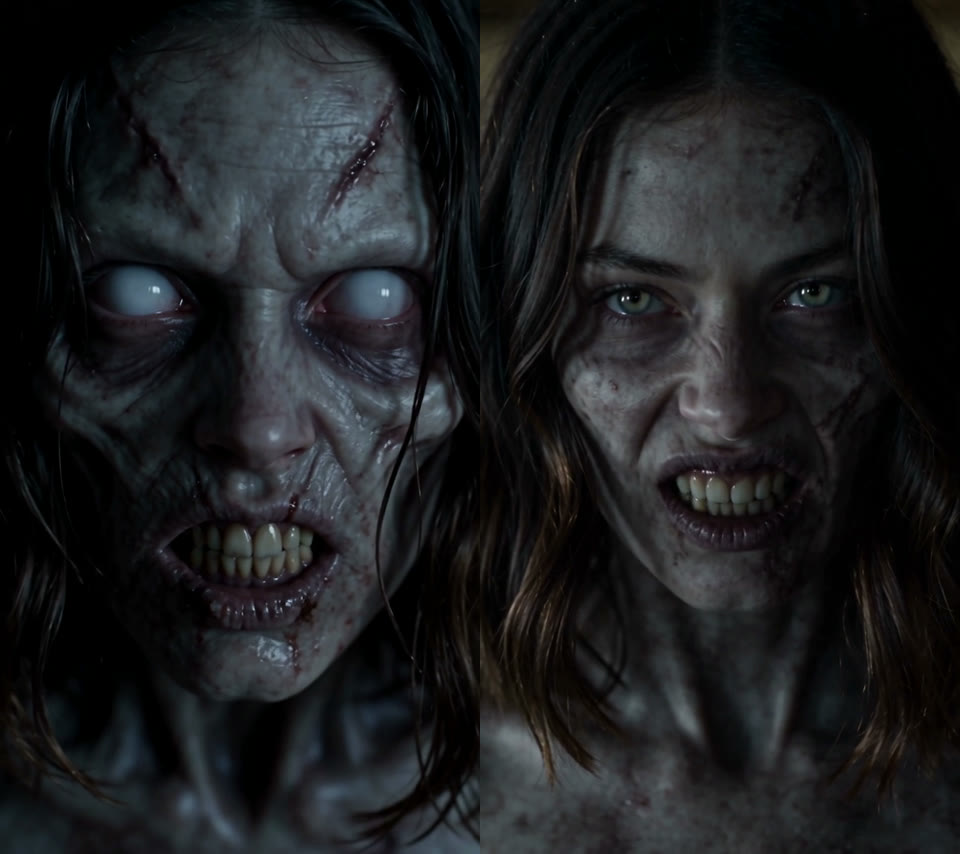 Zombie makeup test, same two photos: on the left a heavy zombie with white eyes, scars and rotting skin that no longer looks like the woman; on the right a light infection where her face is still clearly hers