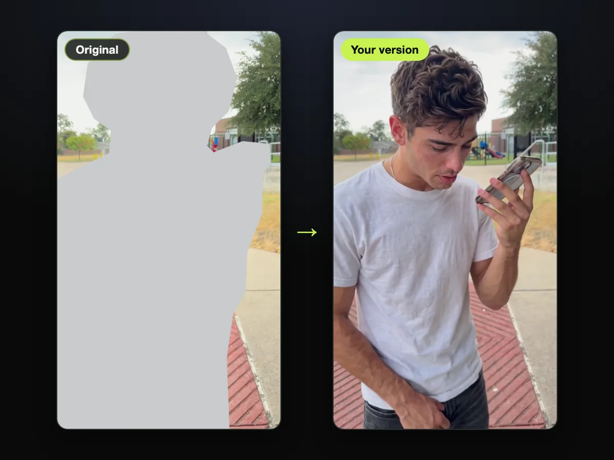 Frame from the original skit, with the person masked, beside a frame from a ChatGPT millionaire meme video made on Seadanse