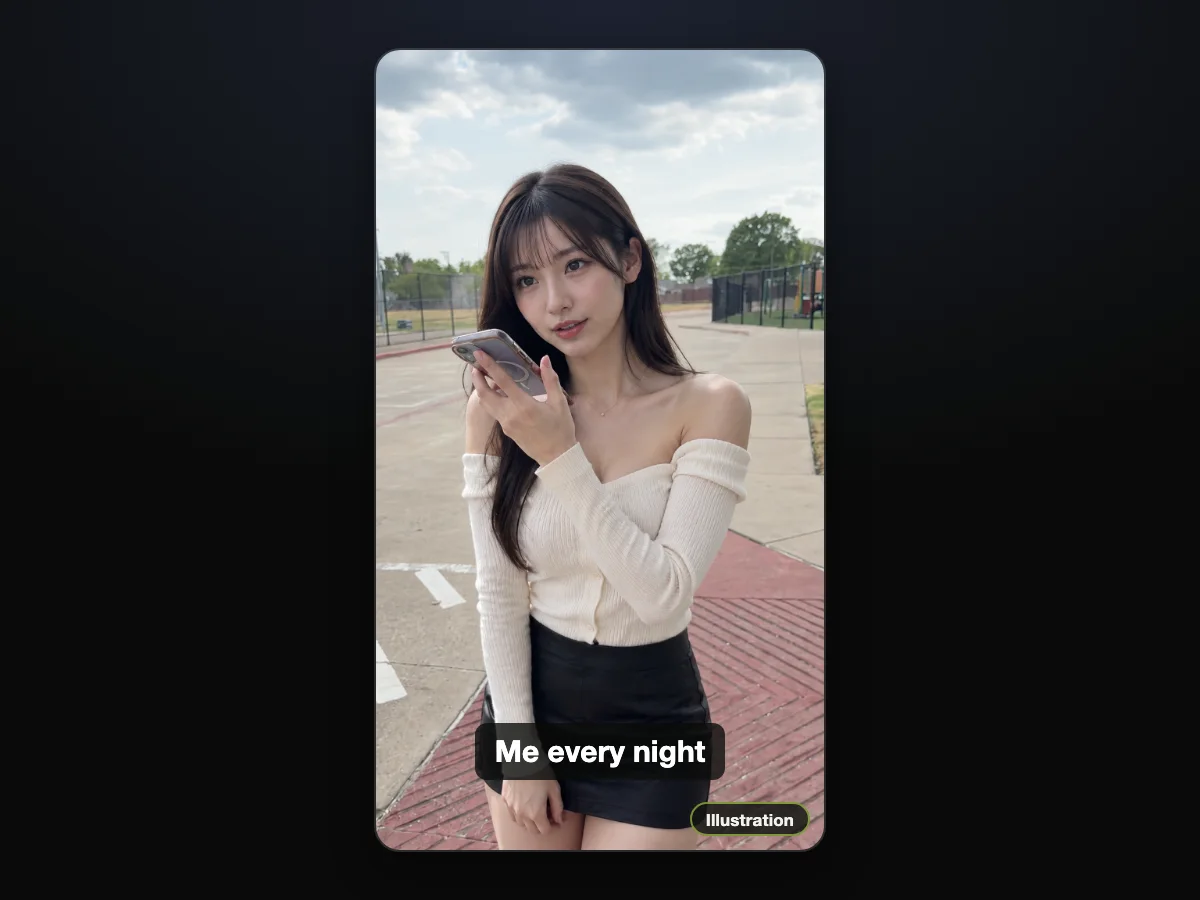 Illustration of a young woman in a cream off-shoulder top asking her phone in the parking lot, shown as a vertical post with a caption