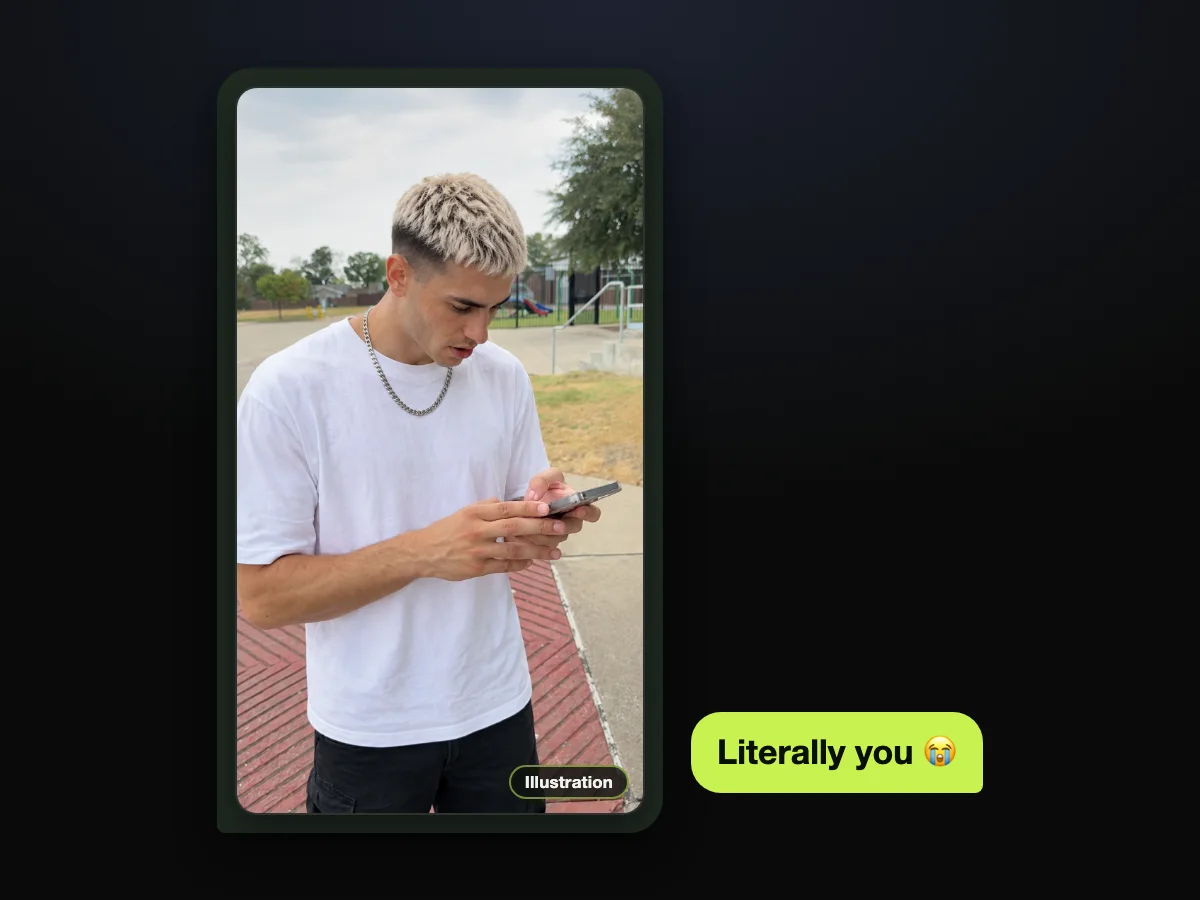 Illustration of a young man with bleached-blonde hair reading his phone in the parking lot, sent in a chat