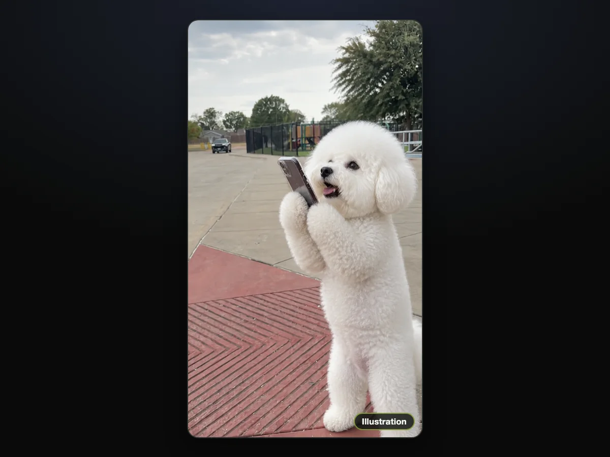Illustration of a white bichon frise standing on its hind legs and asking a phone in the parking lot