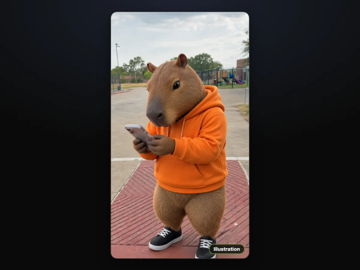 Illustration of a cartoon capybara in an orange hoodie reading a phone in the parking lot