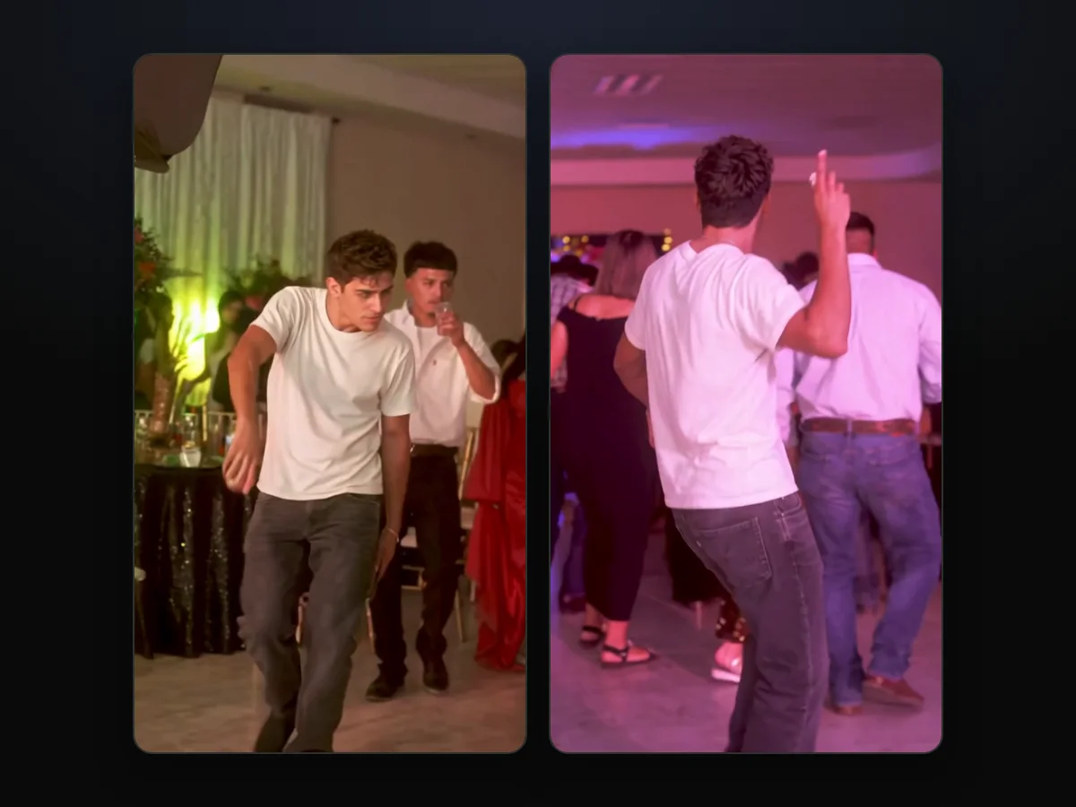Two frames from a Dime Dime Baby AI video made on Seadanse, with the party guests around the dancer