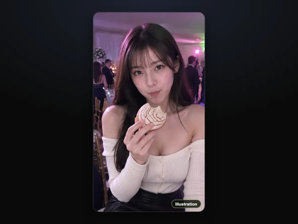 Illustration of a young woman with long black hair in a cream off-shoulder top holding a concha at an evening party, shown as a vertical post