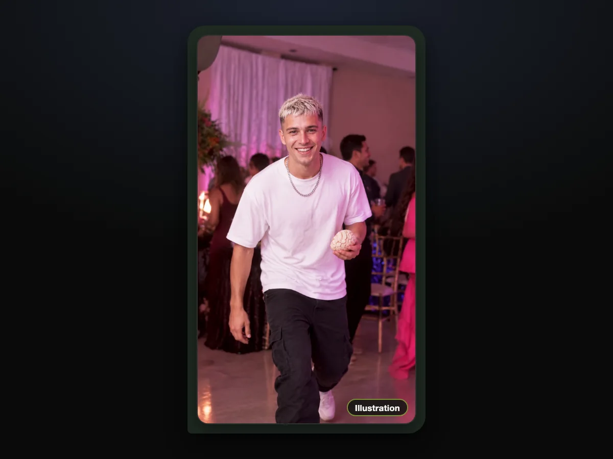 Illustration of a smiling young man with bleached-blonde hair in a white T-shirt walking up to the camera with a concha at a party, sent in a chat