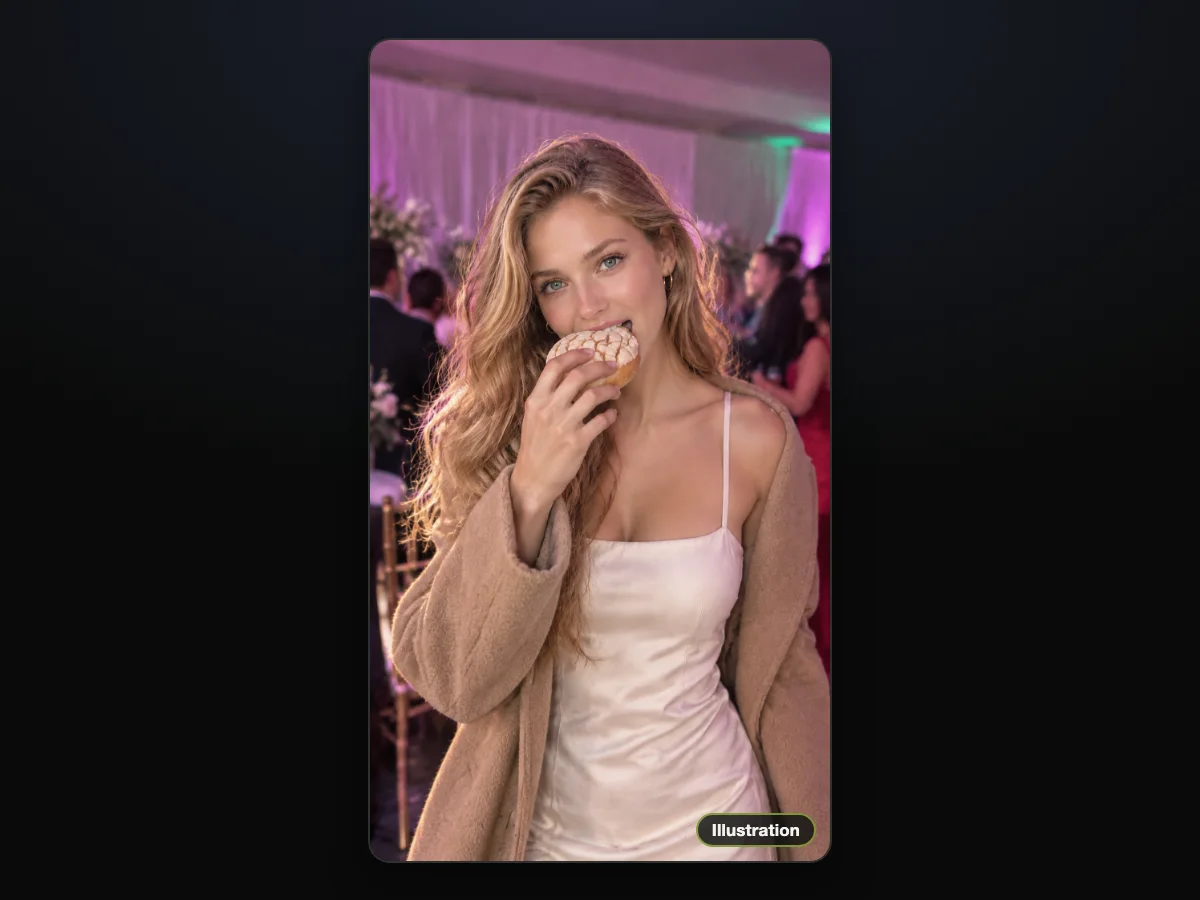 Illustration of a young woman with long wavy blonde hair in an ivory slip dress biting a concha at an evening party