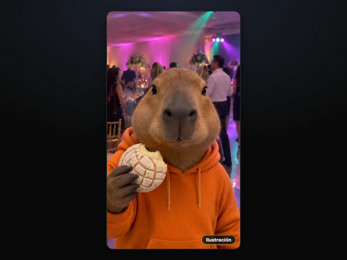 Ilustración de un capibara de caricatura con sudadera naranja que sostiene una concha mordida en una fiesta
