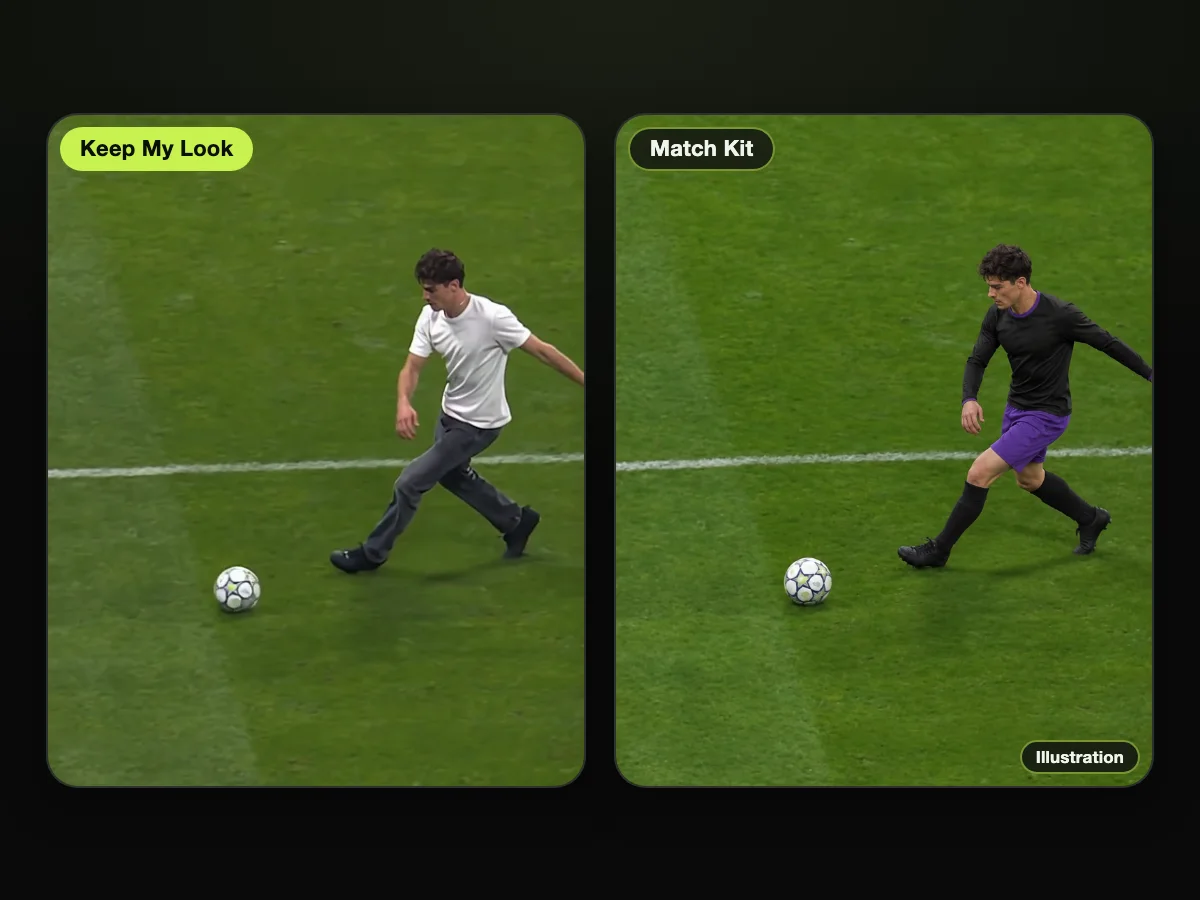 Frame from a Lamine Yamal rabona AI video made on Seadanse, beside an illustration of the same run in a black and purple football kit