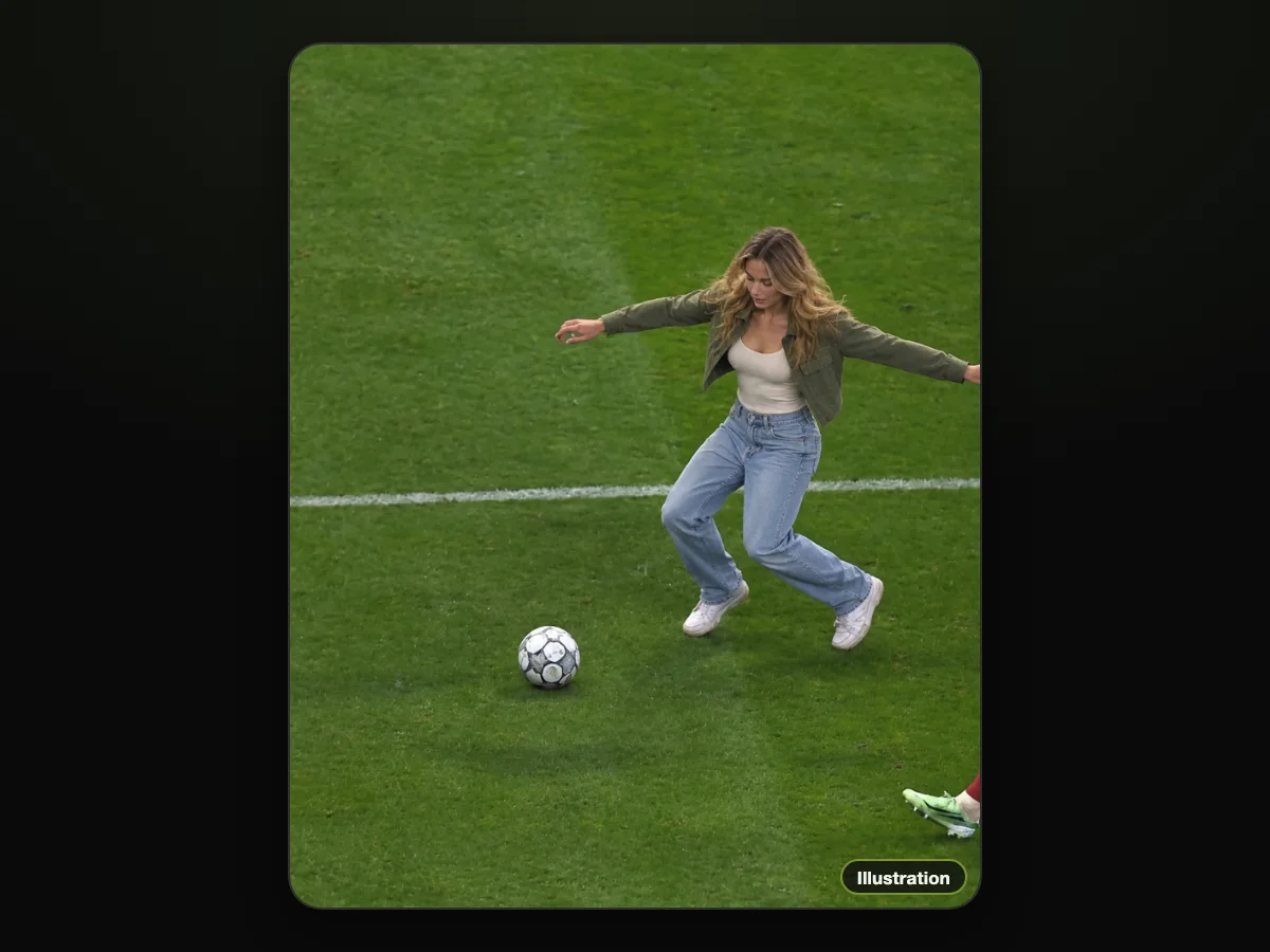 Illustration of a young woman in an olive jacket and jeans dribbling with her arms spread wide