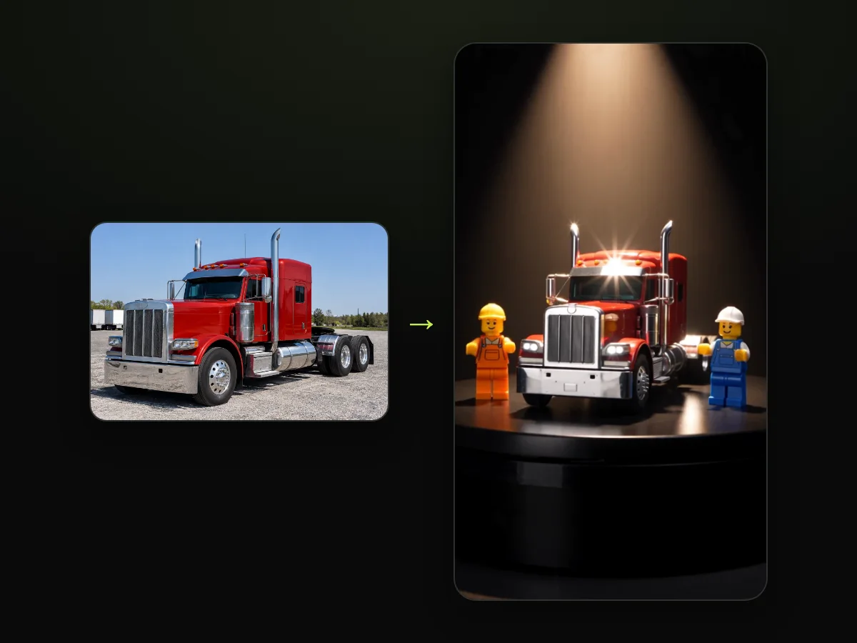 Photo of a red semi truck beside a frame of its model from a LEGO truck wash AI video made on Seadanse
