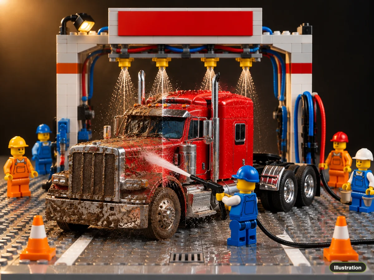 Illustration of a minifigure pressure-washing the mud off a red semi truck model in a brick wash bay