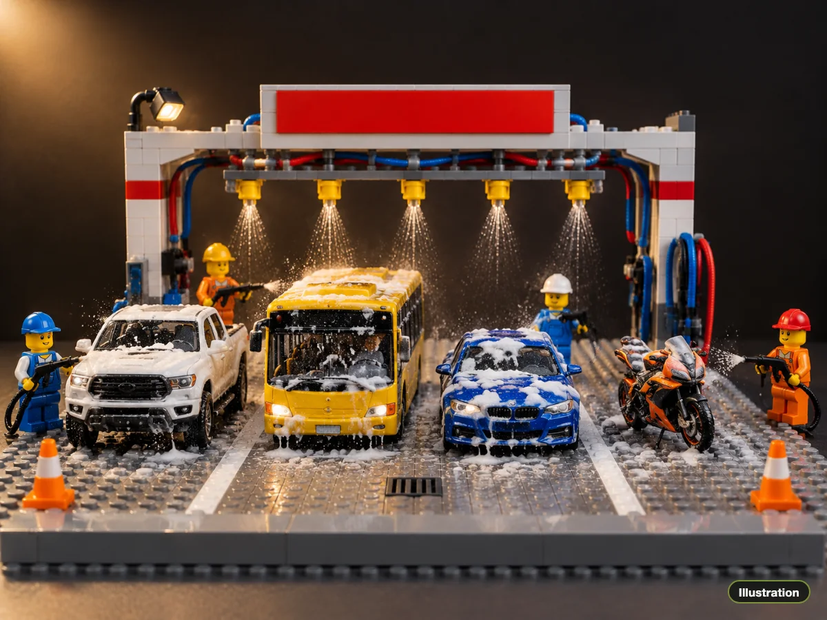 Illustration of a pickup, a bus, a car and a motorbike as models, foamed and sprayed side by side in a brick wash bay