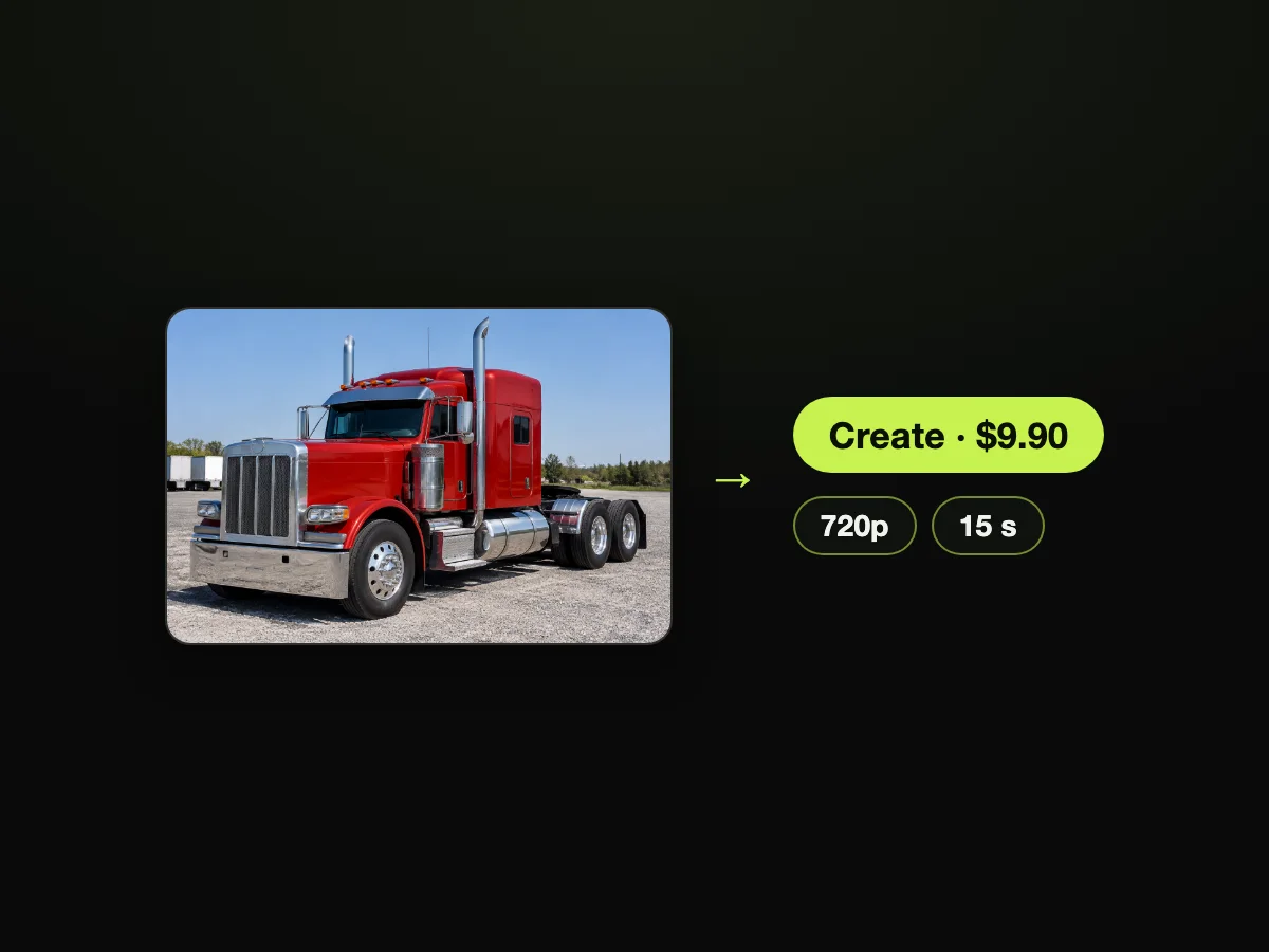 Photo of a red semi truck beside a Create · $9.90 button and 720p and 15 s labels