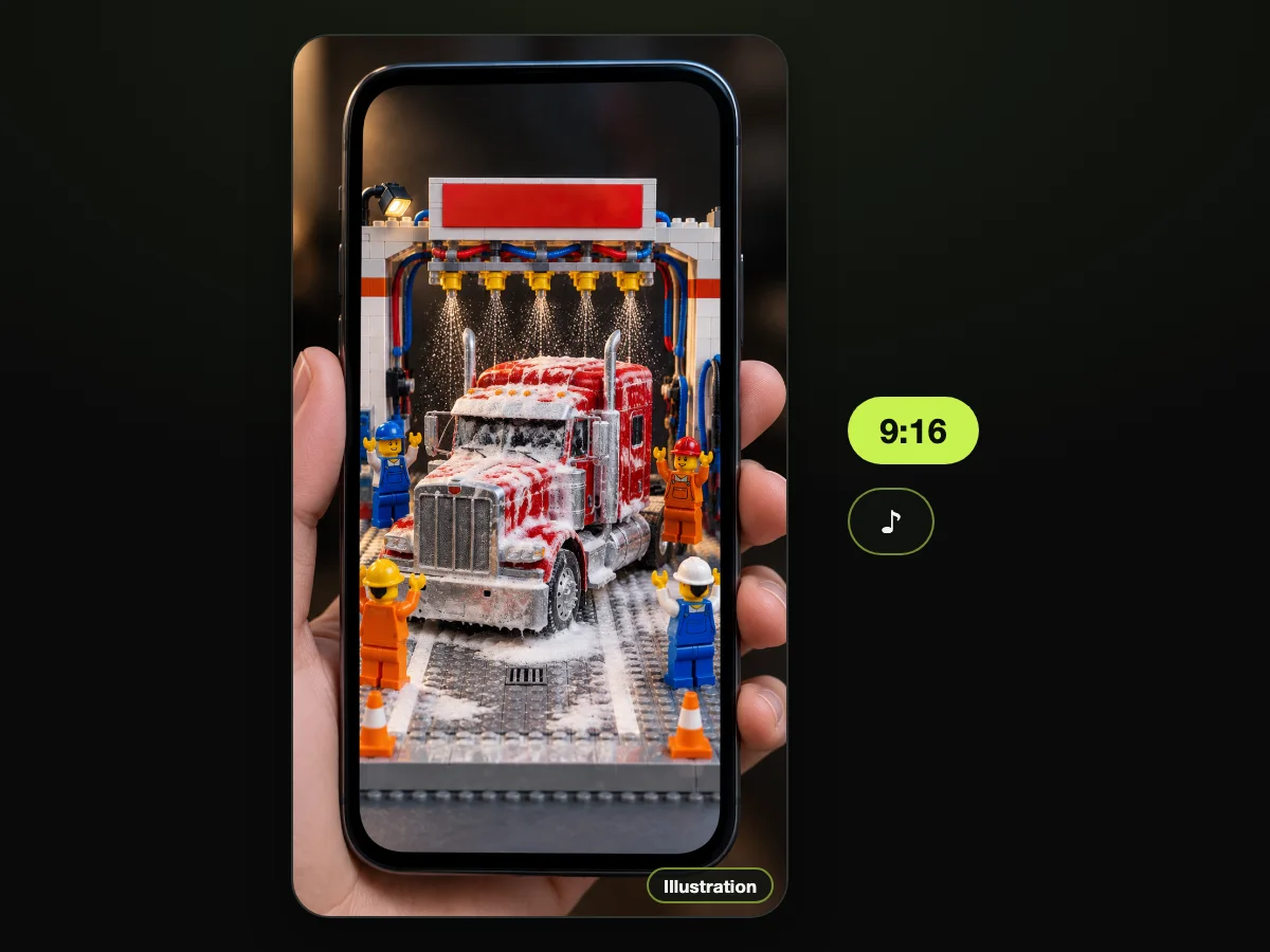 Illustration of a hand holding a phone that plays a vertical video of a foamed red semi truck model in a brick wash bay, beside 9:16 and sound labels