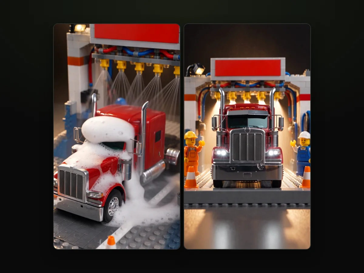Frames from a LEGO truck wash AI video made on Seadanse: the semi truck under foam, then rinsed and shining