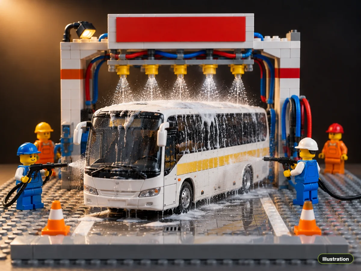 Illustration of minifigures pressure-washing a white coach model in a brick wash bay