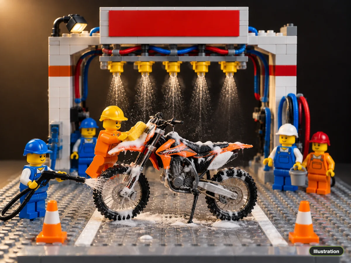 Illustration of minifigures scrubbing and spraying an orange dirt bike model in a brick wash bay