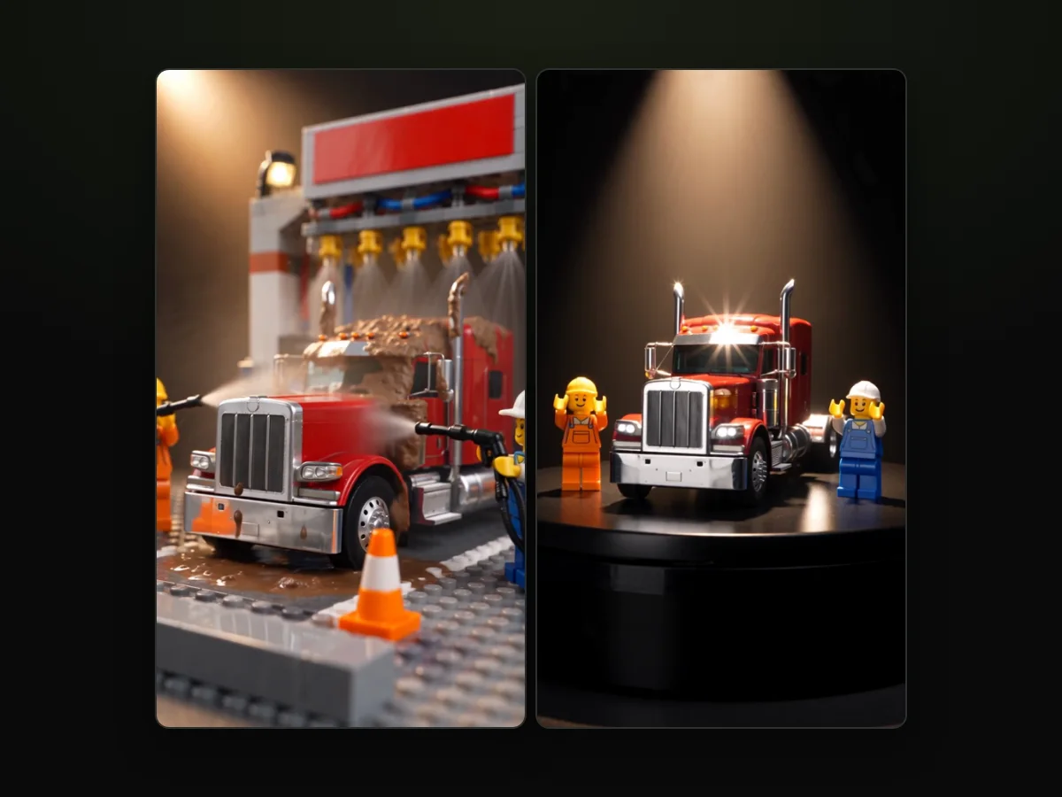 Frames from a LEGO truck wash AI video made on Seadanse: the muddy semi truck under the jets, then clean with the crew around it