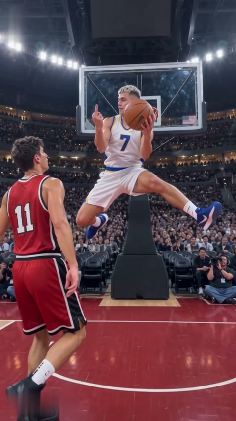 Frame from a Middle Finger Dunk video: the dunker in a white #7 jersey rises over the defender in a red #11 jersey, the ball up at the rim and the stands full behind
