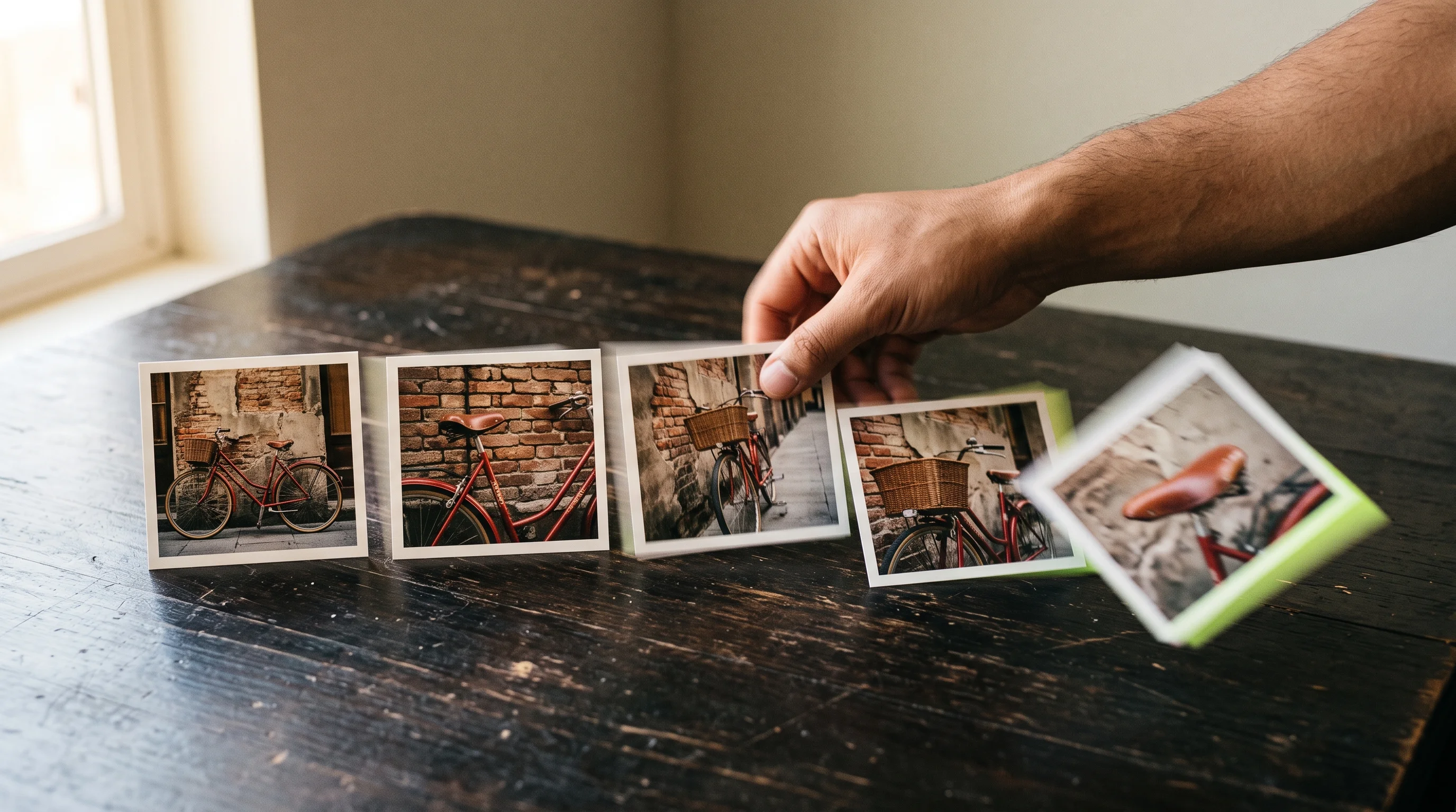 A hand quickly dealing out a stack of instant photos of a bicycle across a wooden table