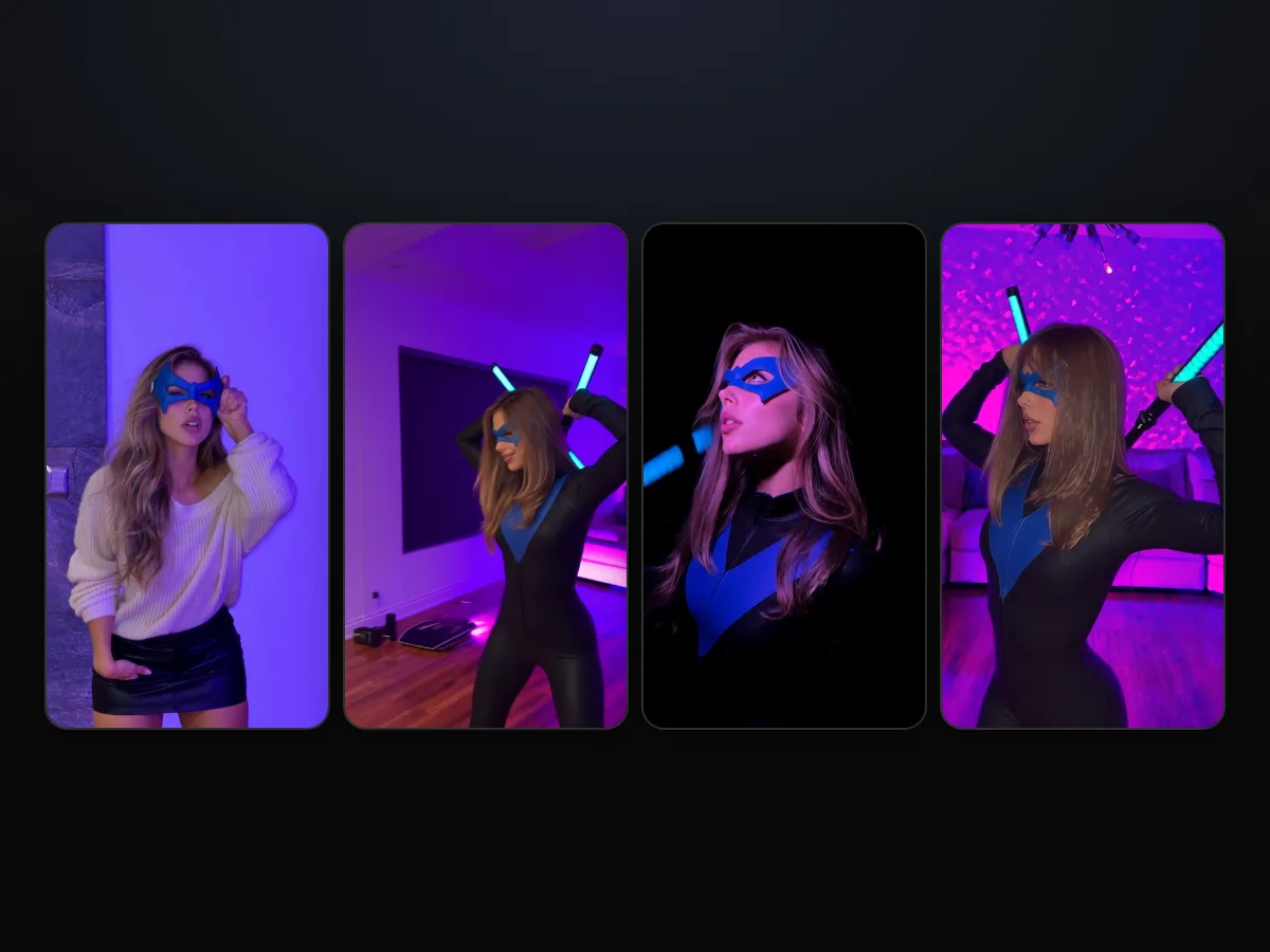Quatro quadros de um vídeo da trend do Asa Noturna com IA feito no Seadanse: a máscara azul erguida na parede lilás, os bastões brilhantes cruzados atrás da cabeça, o close de perfil no escuro e a pose final
