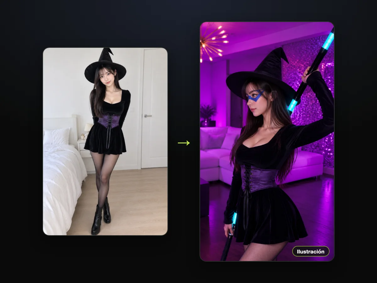 Ilustración: la foto de una mujer joven con un disfraz de bruja, junto a ella con ese disfraz, la máscara azul y un bastón luminoso en la sala con luz morada