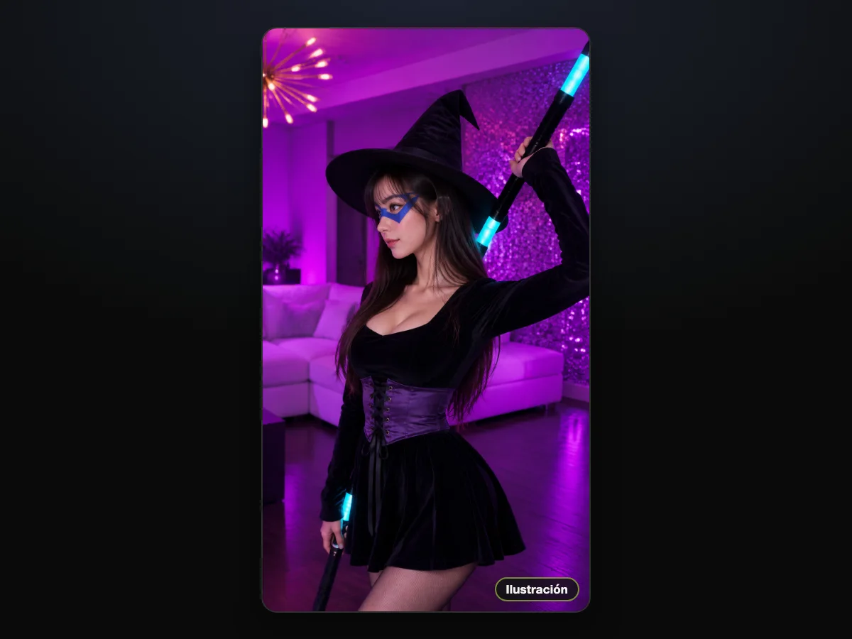 Ilustración de una mujer joven de pelo largo y oscuro con su propio disfraz de bruja y sombrero, la máscara azul puesta, levantando los dos bastones luminosos en la sala con luz morada