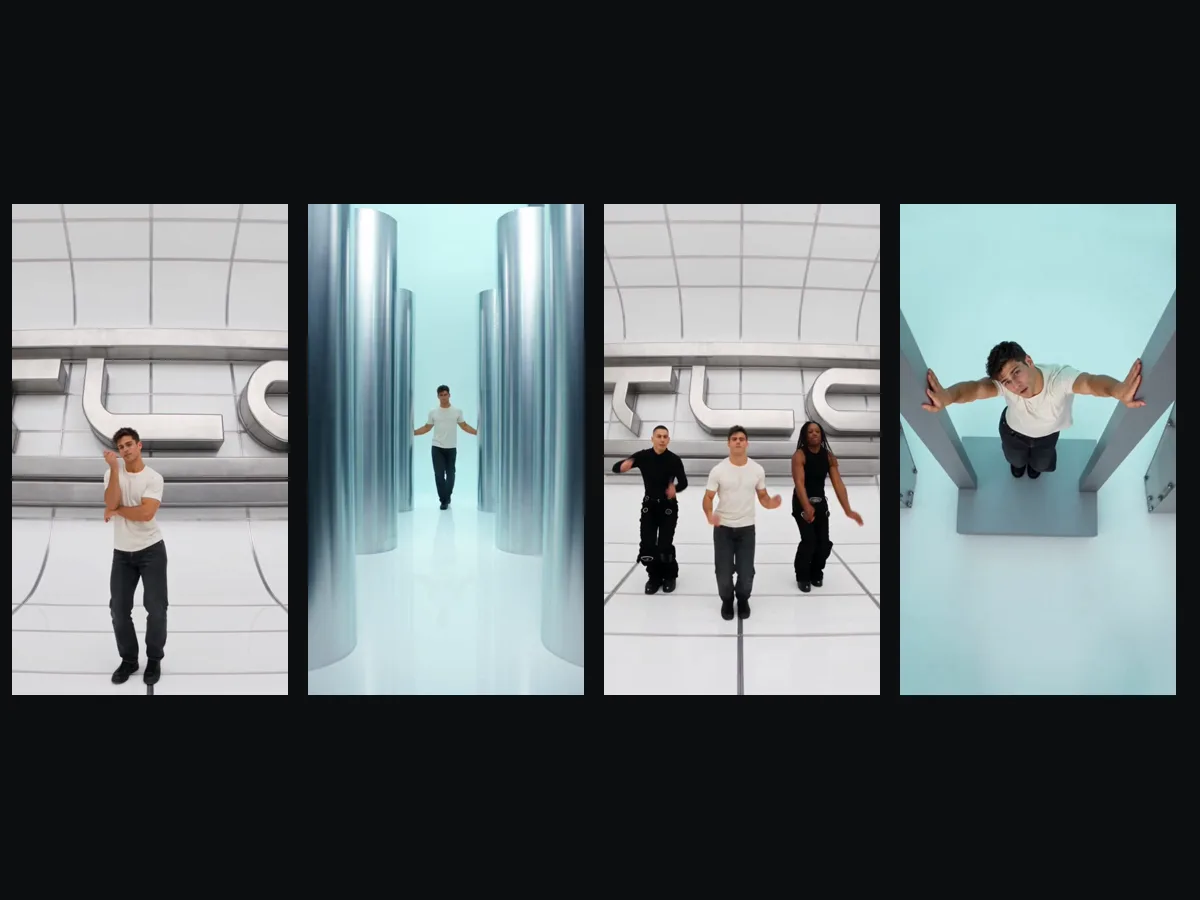 Quatro quadros de um vídeo de dança No Scrubs IA feito na Seadanse: a pose diante das enormes letras cromadas TLC, a caminhada pelo corredor cromado, a fila de três em contra-plongée e a cena de cima com os braços apoiados nas paredes