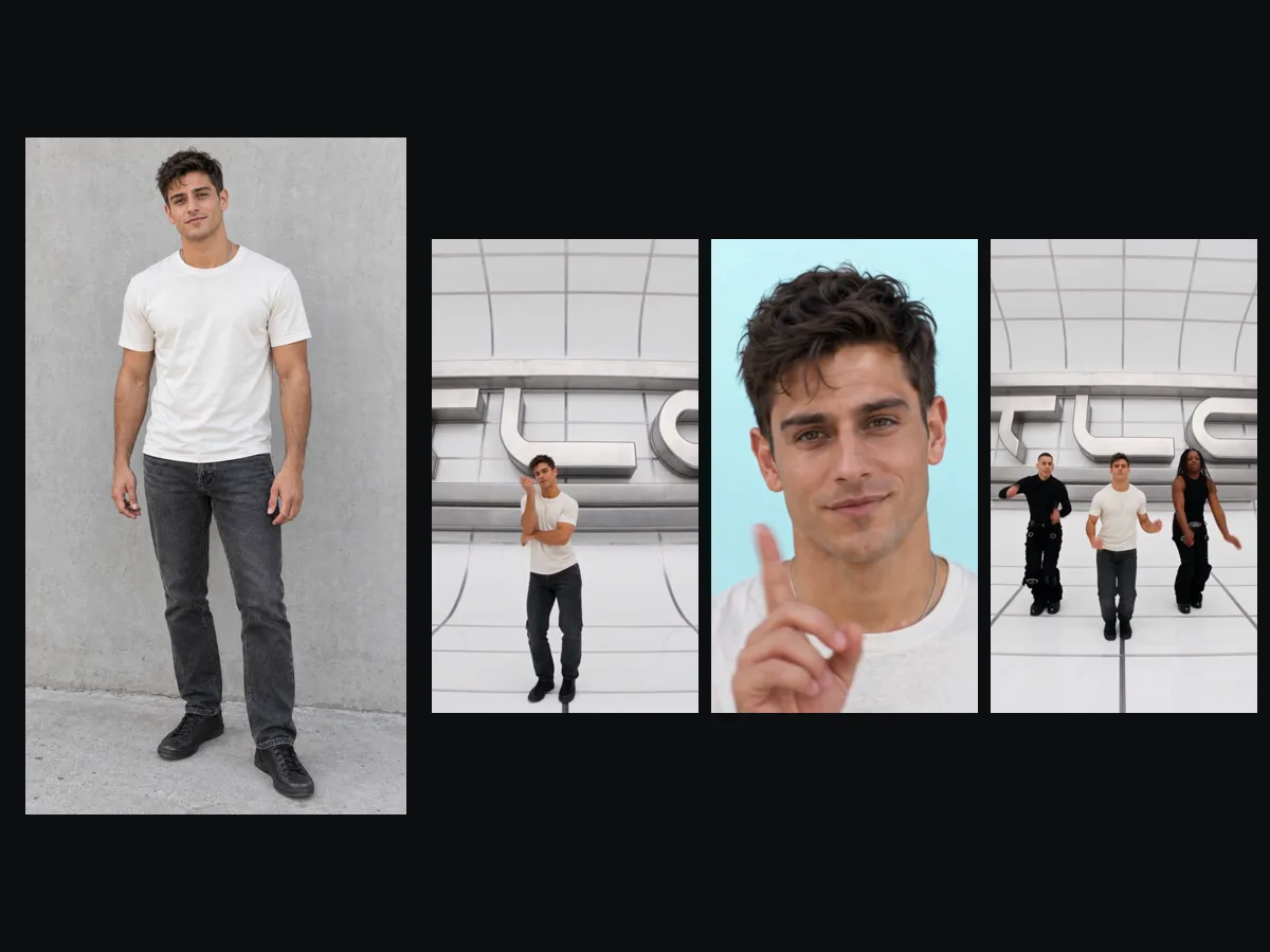 Foto de um jovem de camiseta creme e calça jeans preta ao lado de três quadros em que ele lidera a dança No Scrubs em um vídeo feito na Seadanse