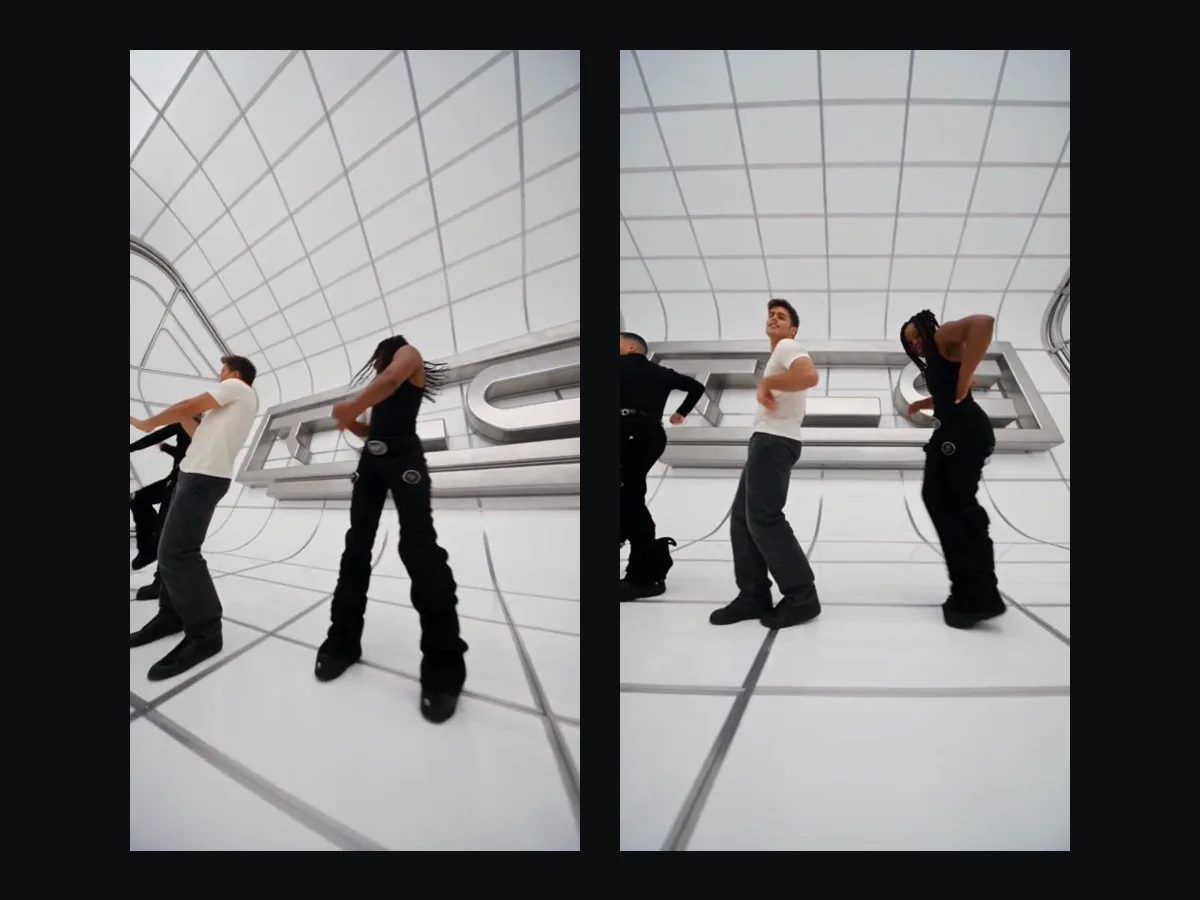 Dois quadros de um vídeo de dança No Scrubs IA feito na Seadanse, com o protagonista dançando no meio da fila de três em contra-plongée