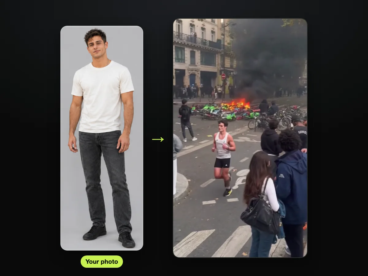 Hoja de personaje de IA usada como foto, junto a un cuadro de un video de corredora de París IA hecho en Seadanse