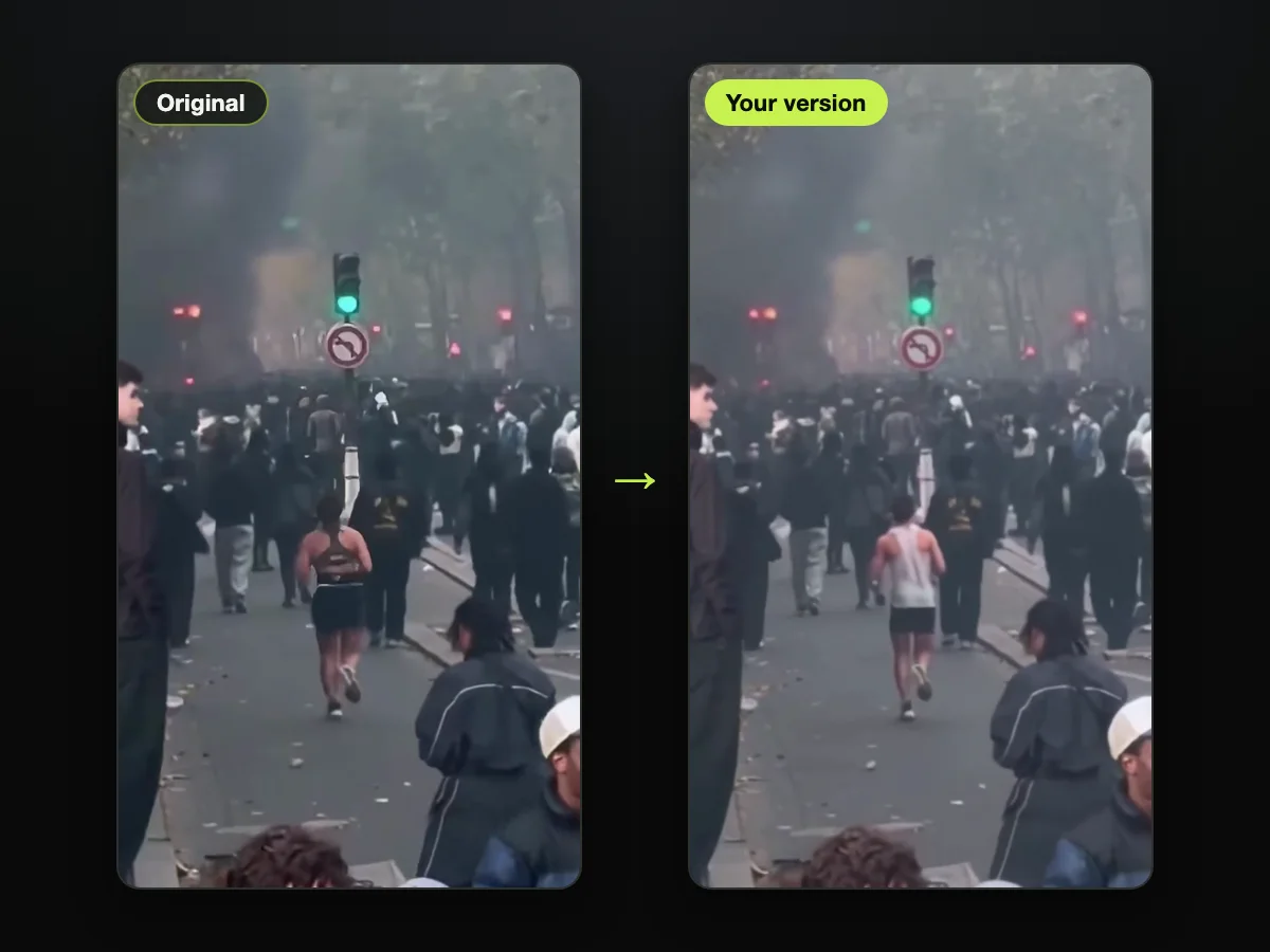 Cuadro del clip original de la calle de París, junto a un cuadro de un video de corredora de París IA hecho en Seadanse