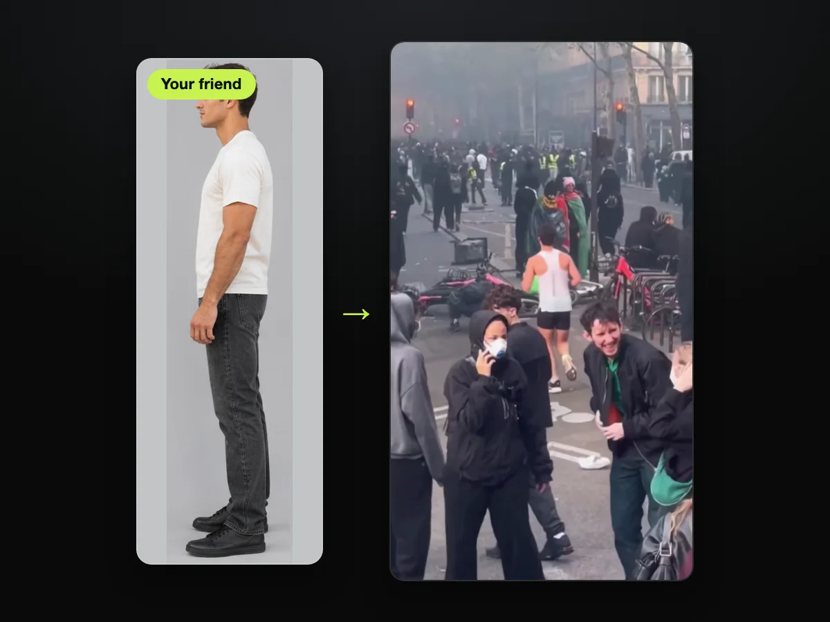 Hoja de personaje de IA usada como foto, junto a un cuadro de un video de corredora de París IA hecho en Seadanse